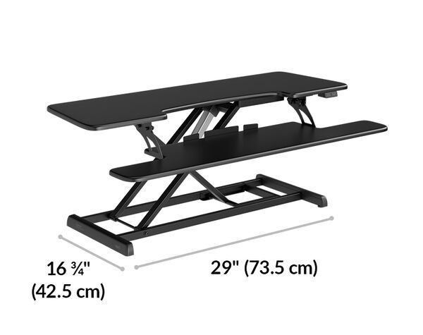 Desk converter side-view diagram showing base depth sixteen and three-quarters inches and width twenty-nine inches.