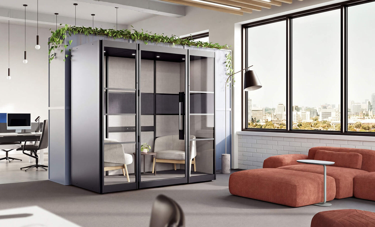 two person privacy booth in an open office against a wall