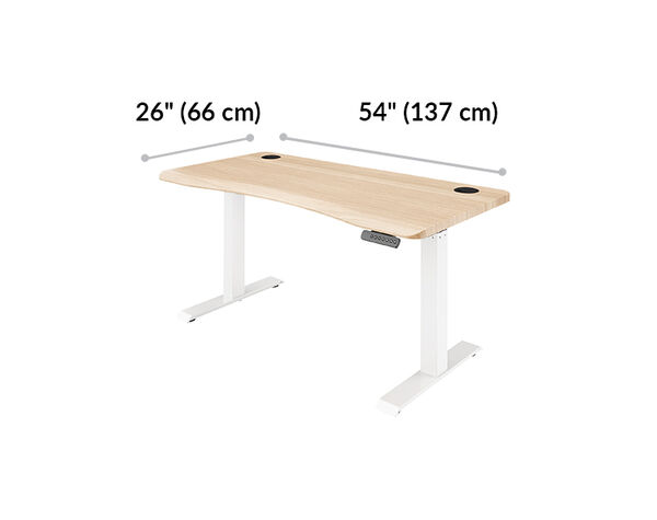 ergo Electric Standing Desk 54x26 Light Wood is fifty four inches wide and twenty six inches deep