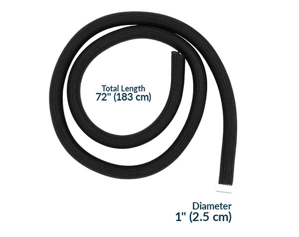 cable wrap is 72 inches long and 1 inch diameter and can be cut with scissors to fit your needs