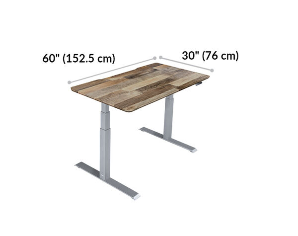 Electric Standing Desk 60x30 Reclaimed Wood with Silver Legs is 60 inches wide and 30 inches deep