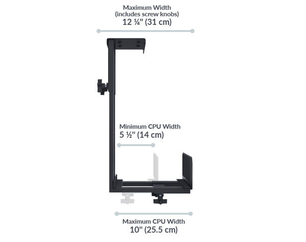 Side view of a Vari PC desk mount showing dimensions: max width 12¼" (31 cm), min CPU width 5½" (14 cm), and max CPU width 10" (25.5 cm), with screw knobs for adjustable fit.