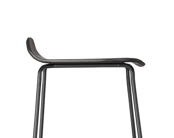 stool from side shows sleek profile - just a little bit of a back for a handle, a straight seat, and a gentle curve at the front for comfort