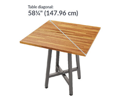 standing square table top has a fifty eight and a quarter inch diagonal length