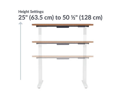 The base of the Electric Standing Desk with ComfortEdge™ 48x30 walnut goes from 25 inches to 50.5 inches tall
