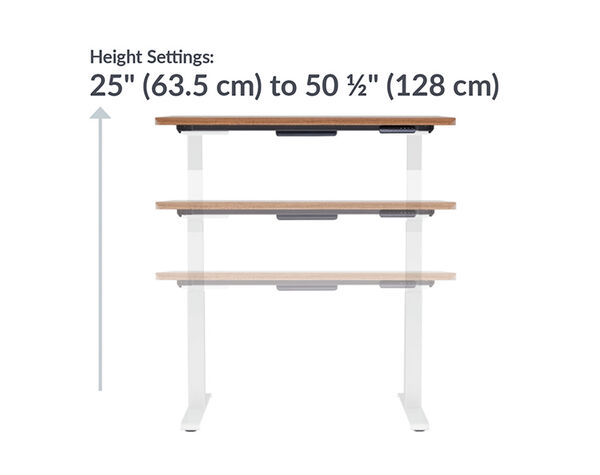 The base of the Electric Standing Desk with ComfortEdge™  48x30 walnut goes from 25 inches to 50.5 inches tall