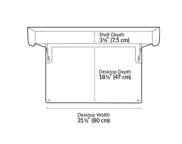 Hide-Away desk has a desktop depth of eighteen and a half inches and a shelf depth of three and a third inches