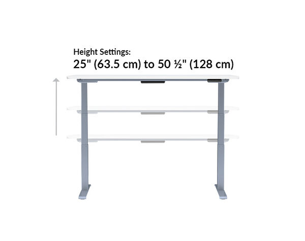 The height settings of the Electric Standing Desk 72x30 White range from 25 inches to 50.5 inches tall