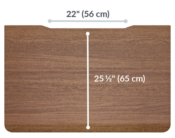 Overview image of walnut desk measuring 22 inches (56 cm) in width and 25.5 inches (65 cm) in depth, designed for standing desk use.