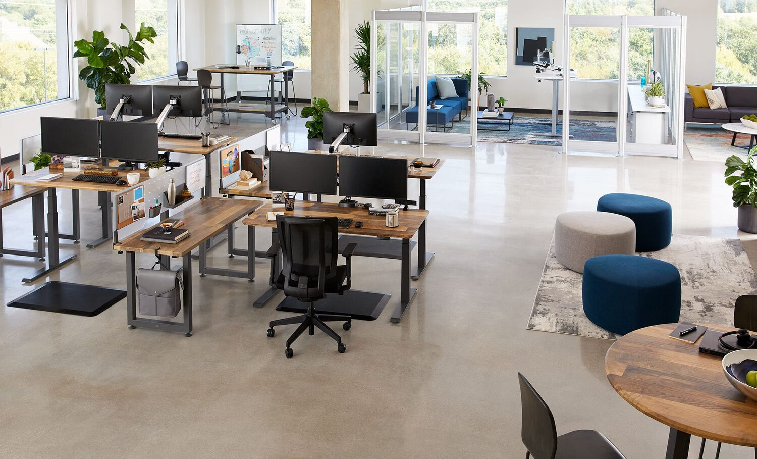 a full office as seen from above, with Vari products creating benched desk groupings, private offices, conference rooms, etc. with a range of product types