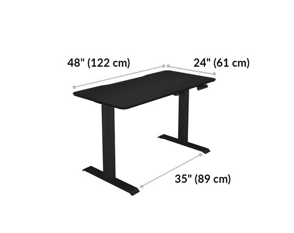 Essential electric standing desk split top in black is 48x24 is 48 inches wide and 24 inches deep. Space between legs is 35 inches wide.