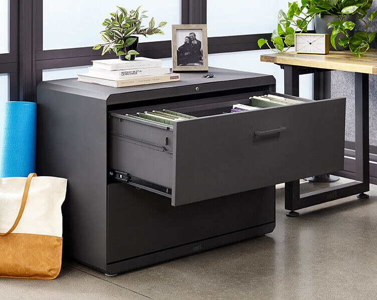 lateral file cabinet with open drawer