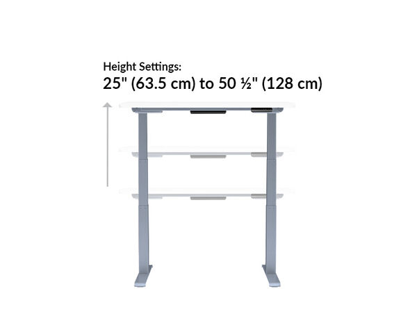 The base of the Electric Standing Desk with ComfortEdge 48x30 White goes from 25 inches to 50.5 inches tall
