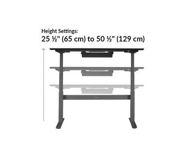The base of the Electric Standing Desk 60x30 Black goes from 25.5 inches to 50.5 inches tall