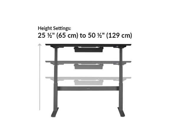 The base of the Electric Standing Desk 60x30 Black goes from 25.5 inches to 50.5 inches tall