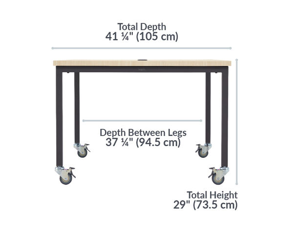 Standing conference table has a total depth of 41 1/4 inches , the depth between legs is 37 1/4, the bottom shelf depth is 28 1/4, the clearance below support bar is 8 and 3/4 inches, and the total height is 43 inches