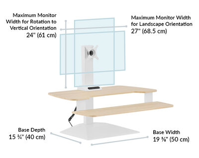 The maximum monitor width for rotation to vertical orientation is 24 inches and the base depth is 15 and three quarters deep and 19 and five eights wide