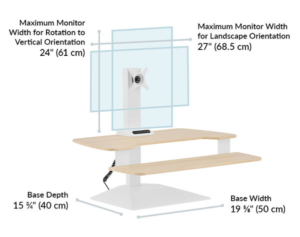 The maximum monitor width for rotation to vertical orientation is 24 inches and the base depth is 15 and three quarters deep and 19 and five eights wide