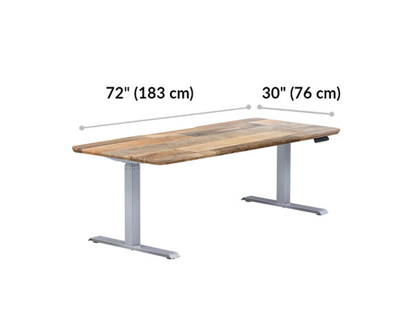 Electric Standing Desk 72x30 Reclaimed Wood with Silver Legs is 72 inches wide and 30 inches deep