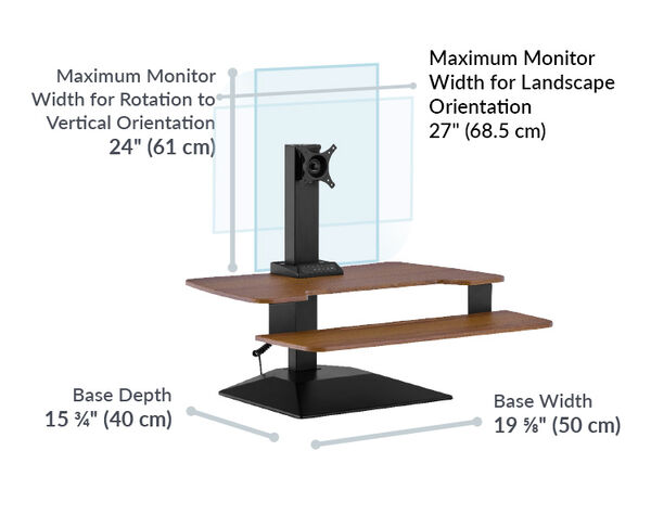 The maximum monitor width for rotation to vertical orientation is 24 inches and the base depth is 15 and three quarters deep and 19 and five eights wide