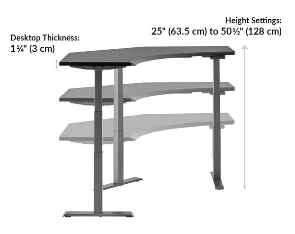 the command center desk has a desktop thickness of 1.25 inches and is height adjustable from 25 inches to 50 and a half inches
