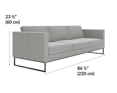 three seat sofa is 23 and a half inches tall and 86 and 3 quarter inches wide