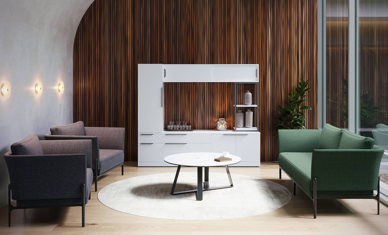 moss green contemporary three seat sofa in a lounge setting