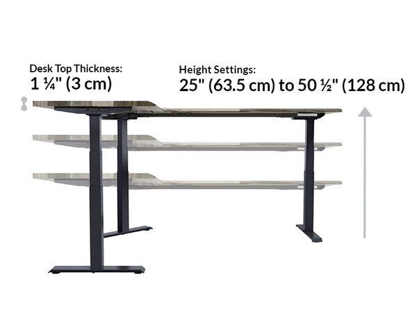 l shape electric standing desk has a maximum height of fifty and a half inches tall