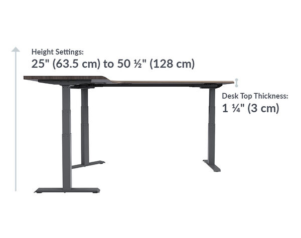 The L-Shape Electric Standing Desk espresso wood is 25 inches to 50 and a half inches tall