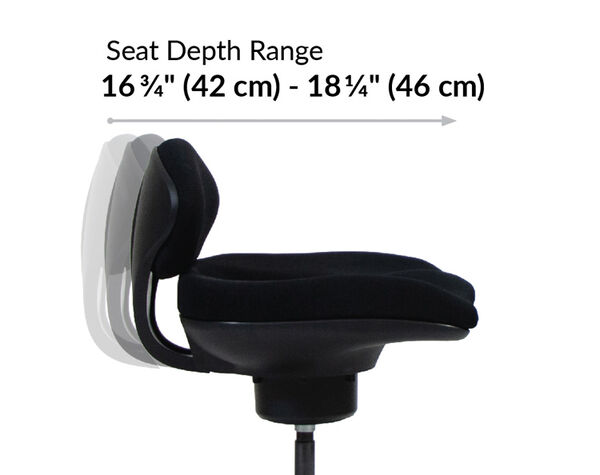 Top-down view of office chair showing backrest width 18½″ (47 cm), seat width 20¼″ (51.5 cm), and exterior armrest width range 25″–27⅞″ (63.5–68.5 cm).