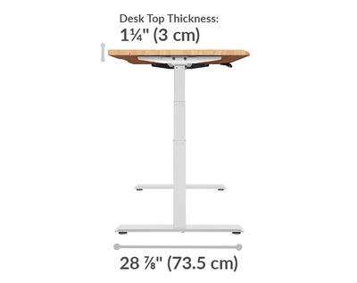 A front view of the walnut electric standing desk showing adjustable height settings from 25 inches (63.5 cm) to 50.5 inches (128 cm) and a base width of 30.5 inches (77.5 cm).