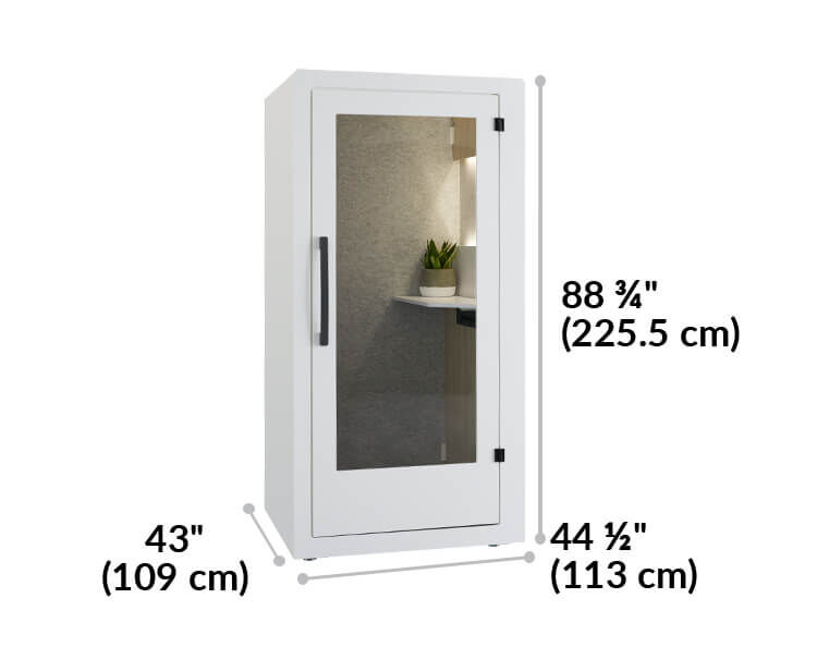 privacy booth is 43 inches deep, 88 and 3 quarter inches tall, and 44 and a half inches wide.