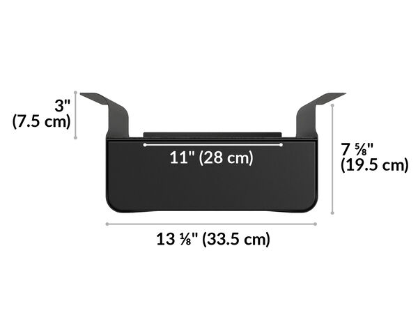 back view of vari undermount storage is 13 and an eighth inches wide and a total height of seven and five eighths inches