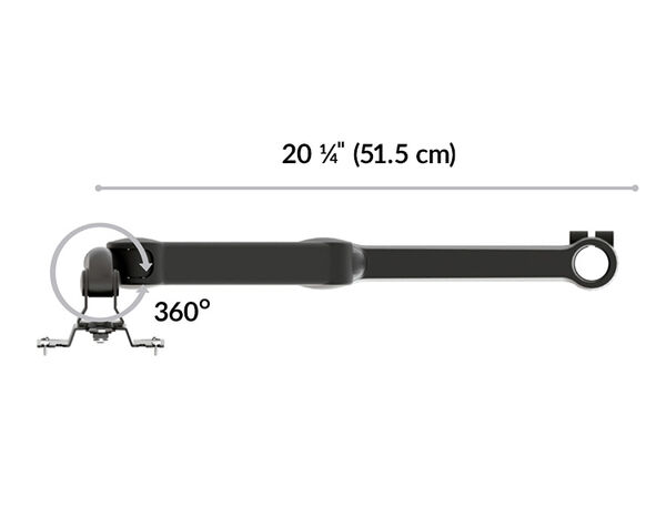 fully extended it is twenty and one quarter inches and monitor attachment rotates three hundred sixty degrees