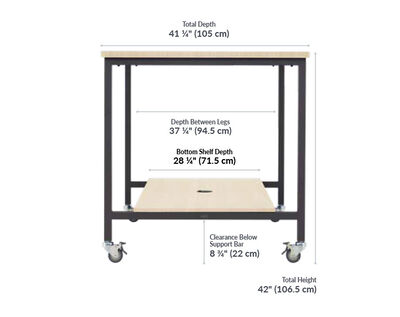 Standing conference table has a total depth of 41 1/4 inches , the depth between legs is 37 1/4, the bottom shelf depth is 28 1/4, the clearance below support bar is 8 and 3/4 inches, and the total height is 43 inches