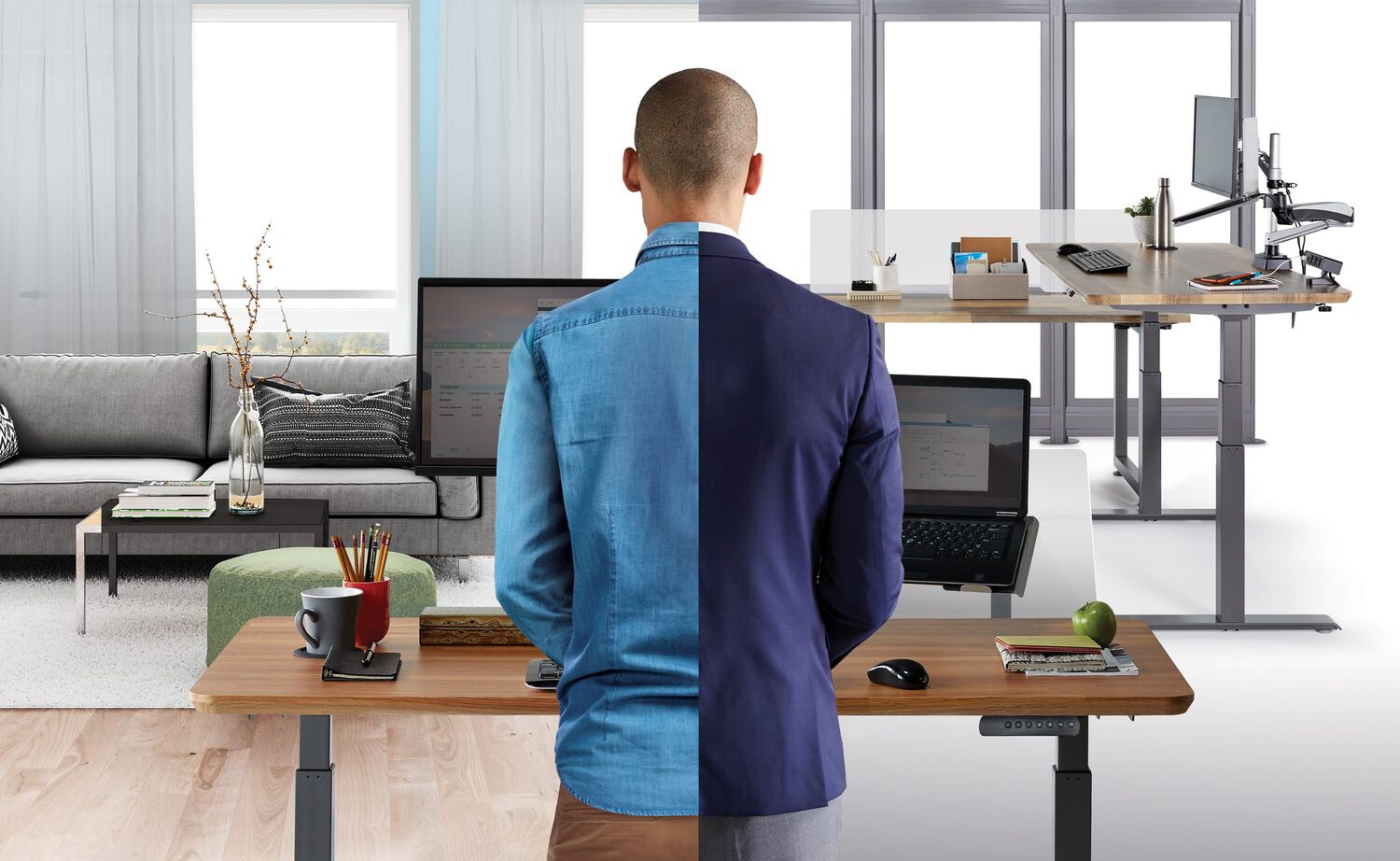 vari products shown in both office and work from home settings