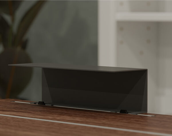 vari tech track shelf installed in a electric standing desk