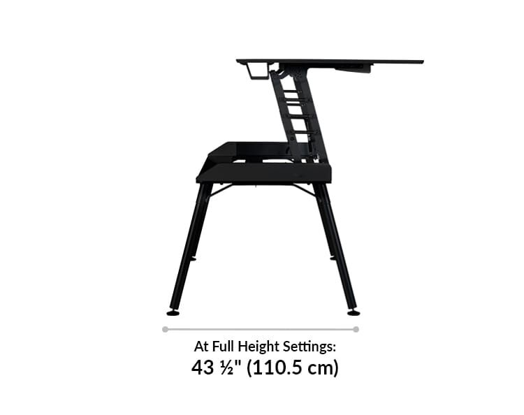 At full height setting, the top of the desk comes towards the user, and takes up a total of 43 and a half inches in depth from front of desk to back of base.