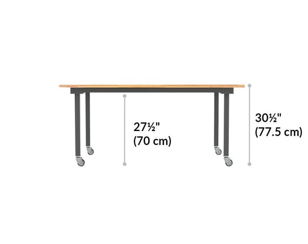 vari conference table in 30 and a half inches tall and has 27 and a half inches of space from the ground to under the table 