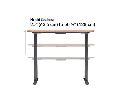 The base of the Electric Standing Desk ComfortEdge™ 60x30 Butcher Block goes from 25 inches to 50.5 inches tall