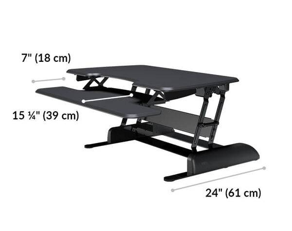 varidesk essential 36 keyboard tray is 7 to 17 and a quarter inches deep. Necessary desk depth is 24 inches