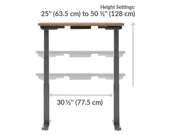 A front view of the walnut electric standing desk showing adjustable height settings from 25 inches (63.5 cm) to 50.5 inches (128 cm) and a base width of 30.5 inches (77.5 cm).