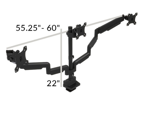 Triple Monitor Arm spans from 55 and a quarter inches to 60 inches wide from bracket to bracket and 22 inches tall from bottom of clamp to top of center monitor arm clamp