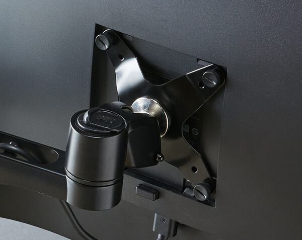 monitor mounted to arm with hardware shown up close, including hand-turned screws