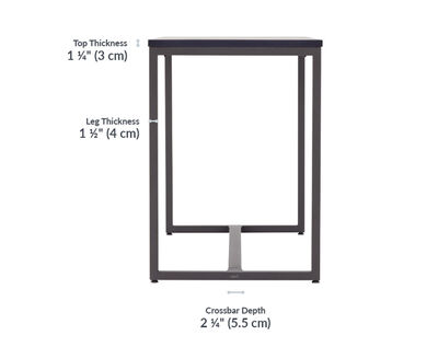 Tabletop thickness is 1 and a quarter inches. Leg thickness is 1 and a half inches.