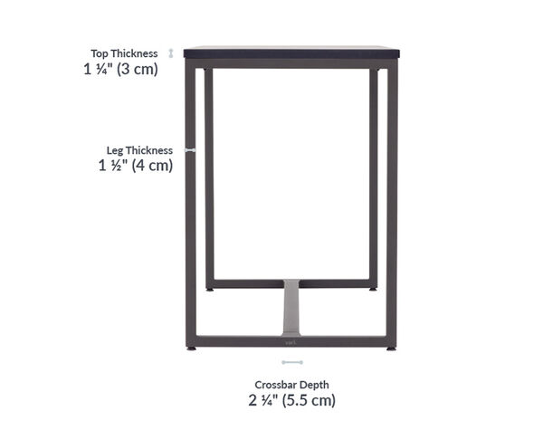  Tabletop thickness is 1 and a quarter inches. Leg thickness is 1 and a half inches.