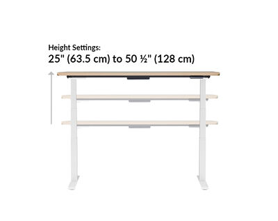 The base of the Electric Standing Desk with ComfortEdge™ 72x30 Light Wood goes from 25 inches to 50.5 inches tall