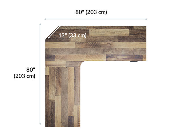 L-Shape Electric Standing Desk reclaimed wood is 80 inches wide and 80 inches deep