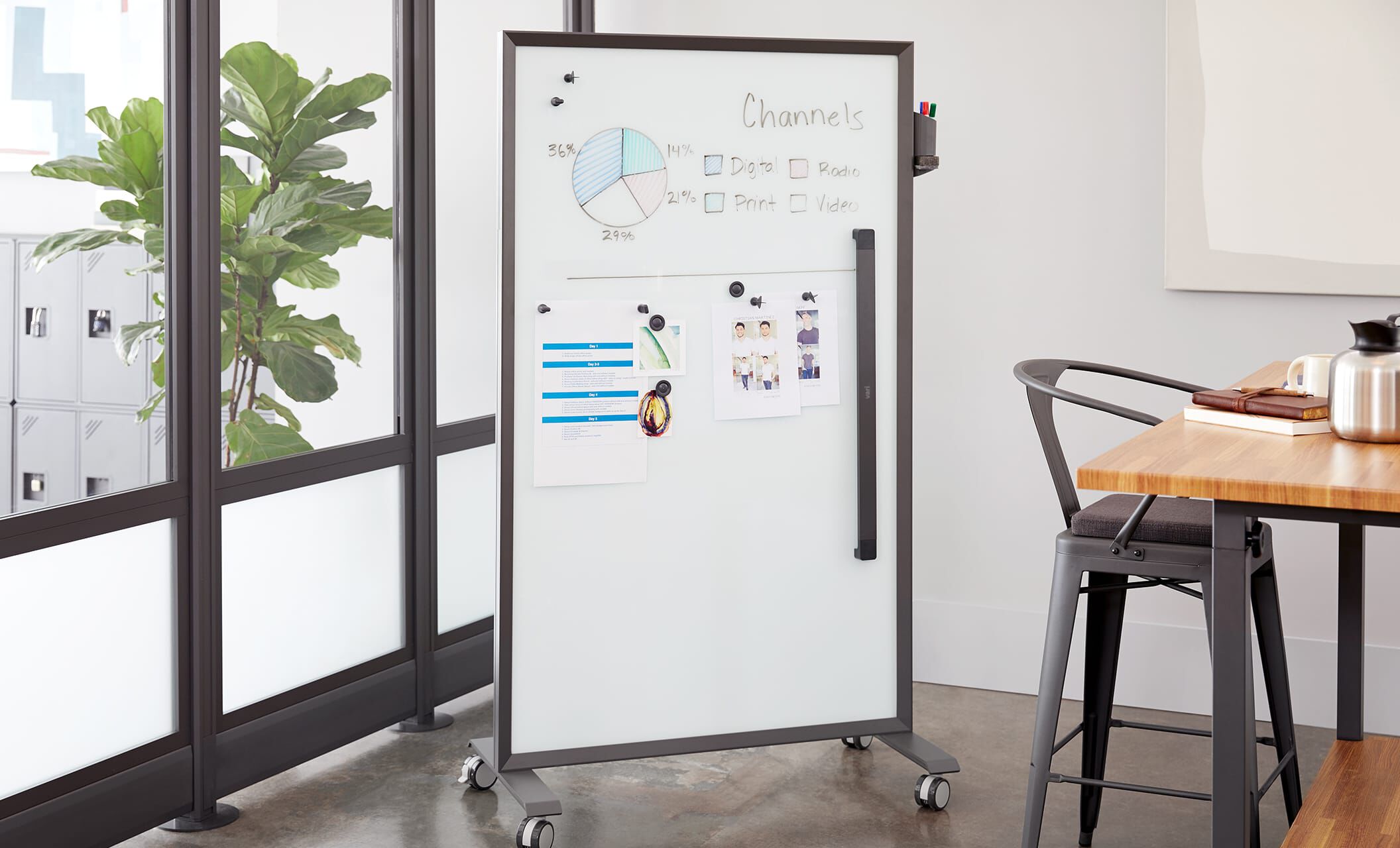 vari mobile glass board 40 by 72 in office setting