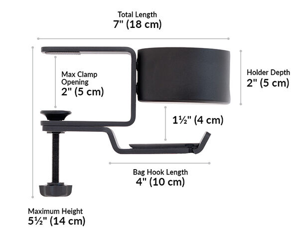 cup holder has a total length of 7 inches and a maximum height of 5 and a half